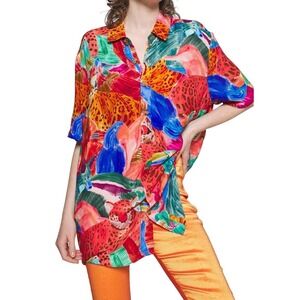 FARM Rio Vibrant Animal Print Shirt, Short Sleeve Button Down, 100% Rayon, Large